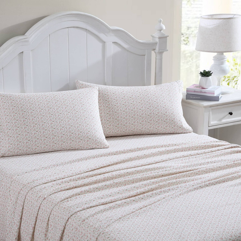 Laura Ashley フランネルシーツ ツインサイズ 抗ピル リンクル耐性 コットン Evie Pink