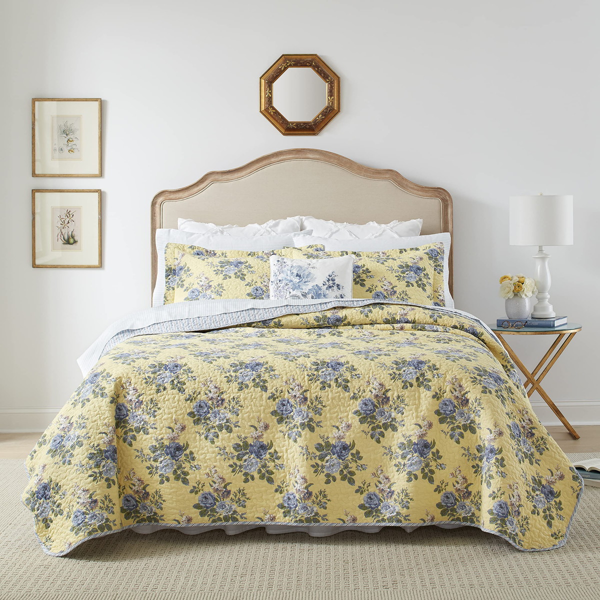 Laura Ashley クイーンサイズ キルトセット リバーシブル 綿100％ 花柄 ベッドカバー 枕カバー付き イエロー