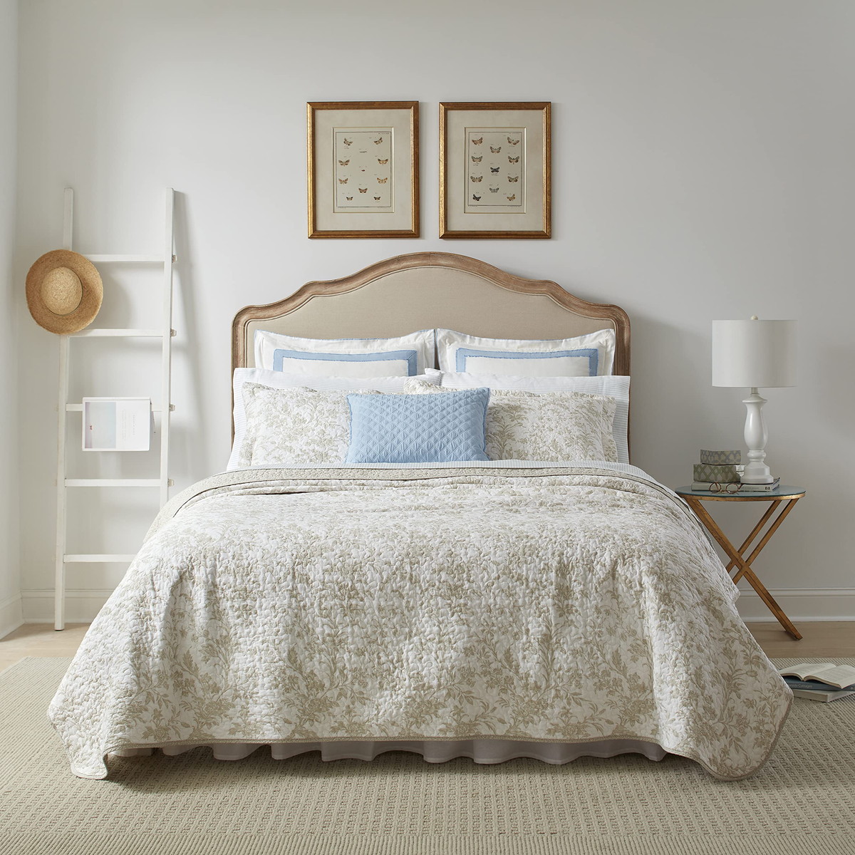 Laura Ashley シングルサイズ キルトセット ベッドカバー ピローケース付き 花柄 アンバリーベージュ