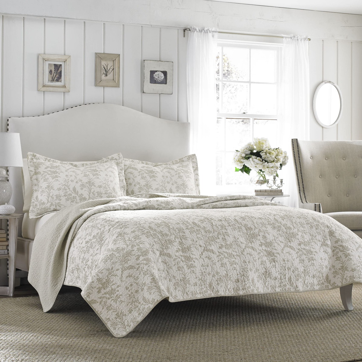 Laura Ashley キングサイズ キルトセット 3点セット ベージュ 花柄 寝具セット ベッドカバー 枕カバー