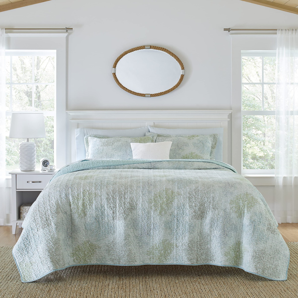 Laura Ashley クイーンサイズ キルトセット ソルトウォーターブルー リバーシブル 綿100% 寝具 カバー 枕カバー付