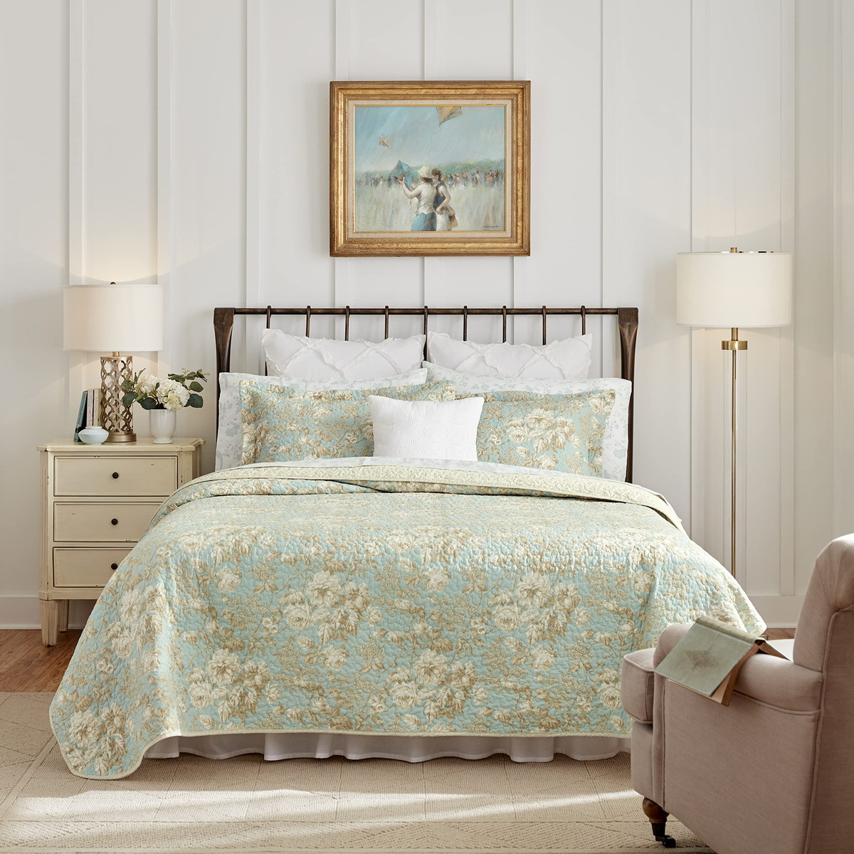 Laura Ashley Home キルトセット Twinサイズ Brompton Green 花柄 寝具セット ベッドカバー 枕カバー付き