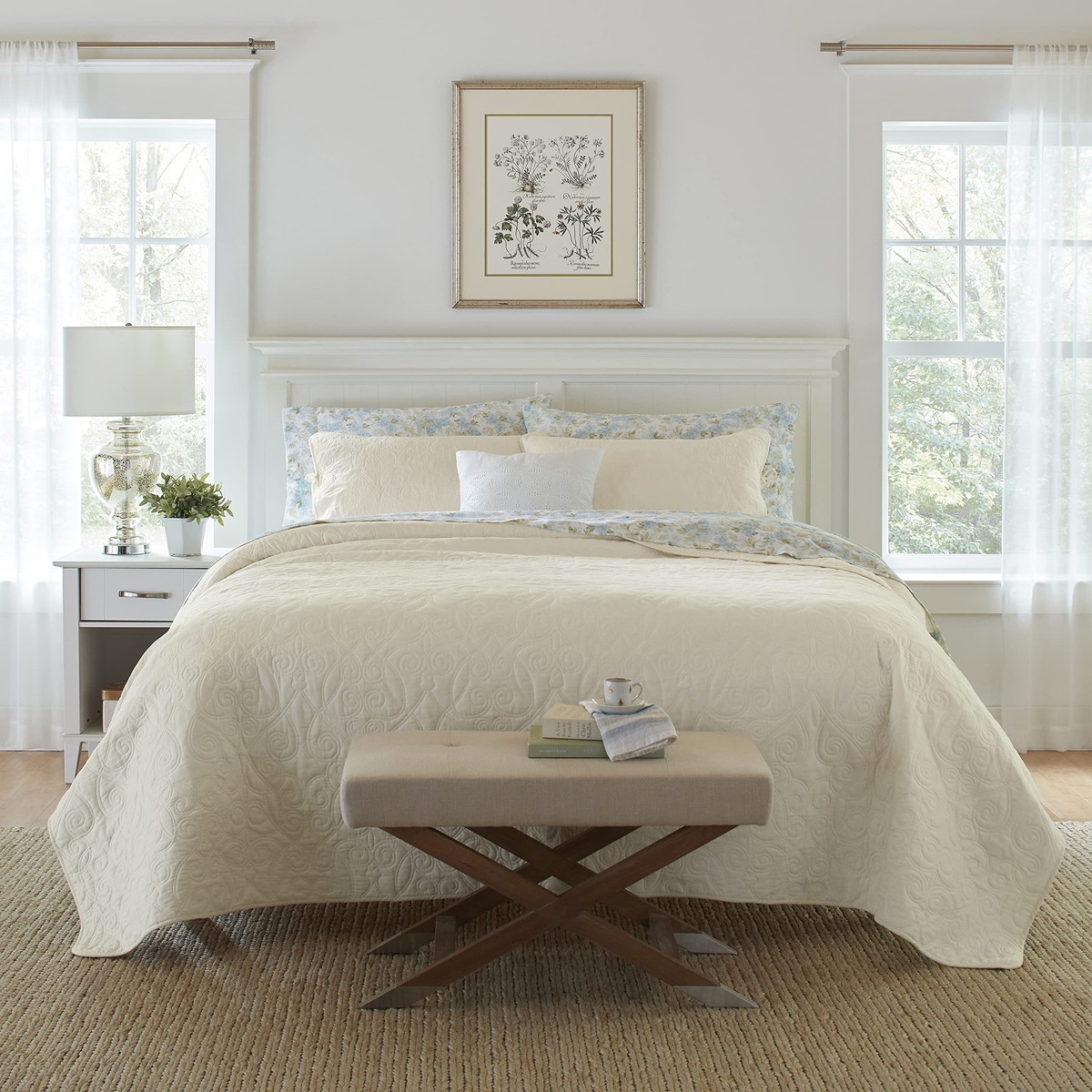 Laura Ashley キングサイズ Felicity Collection キルトセット アイボリー コットン リバーシブル ベッドカバー ピローケース付き