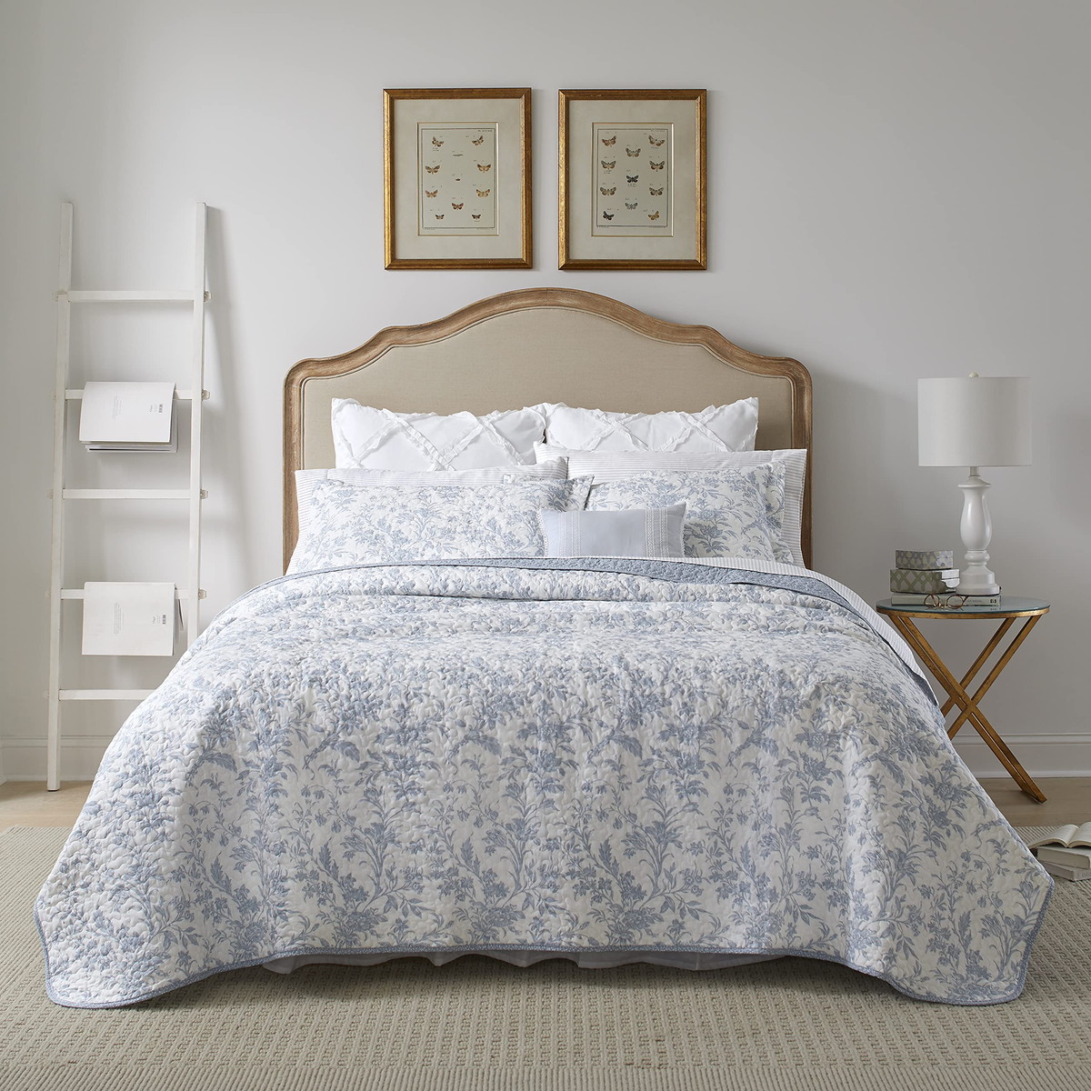 Laura Ashley シングルサイズ キルトセット ブルー 花柄 リバーシブル ベッドカバー 枕カバー付き 綿100％ 寝具