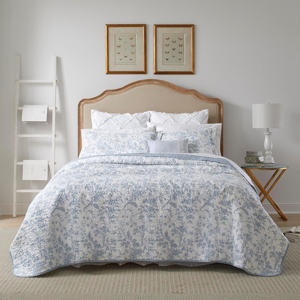 Laura Ashley クイーンサイズ キルトセット ベッドカバー 3点セット アンバリーブルー 花柄 コットン 洗える 寝具