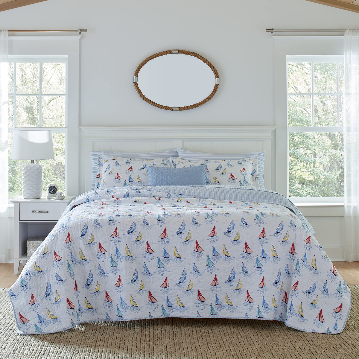 Laura Ashley シングルサイズ キルトセット ベッドカバー ヨット柄 Ahoy Blue リバーシブル 枕カバー付き