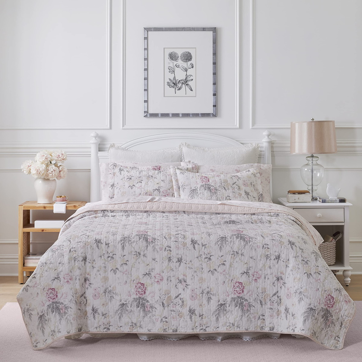 Laura Ashley シングルサイズ キルトセット 花柄 リバーシブル ベッドカバー ピローケース付き ピンク グレー