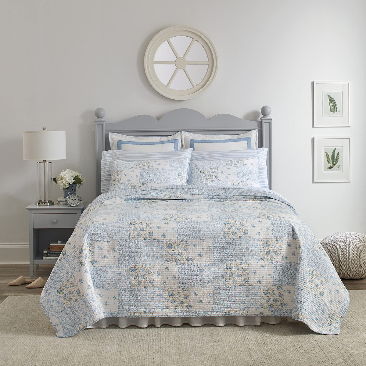Laura Ashley キングサイズ キルトセット ベッドカバー 枕カバー付き リバーシブル 花柄 ブルー