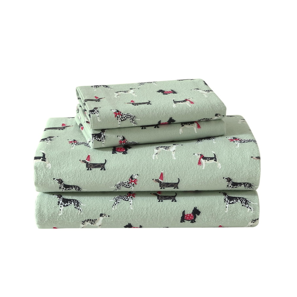 Laura Ashley ツインシーツ コットンフランネル ベッドセット Holiday Pups Green ツイン