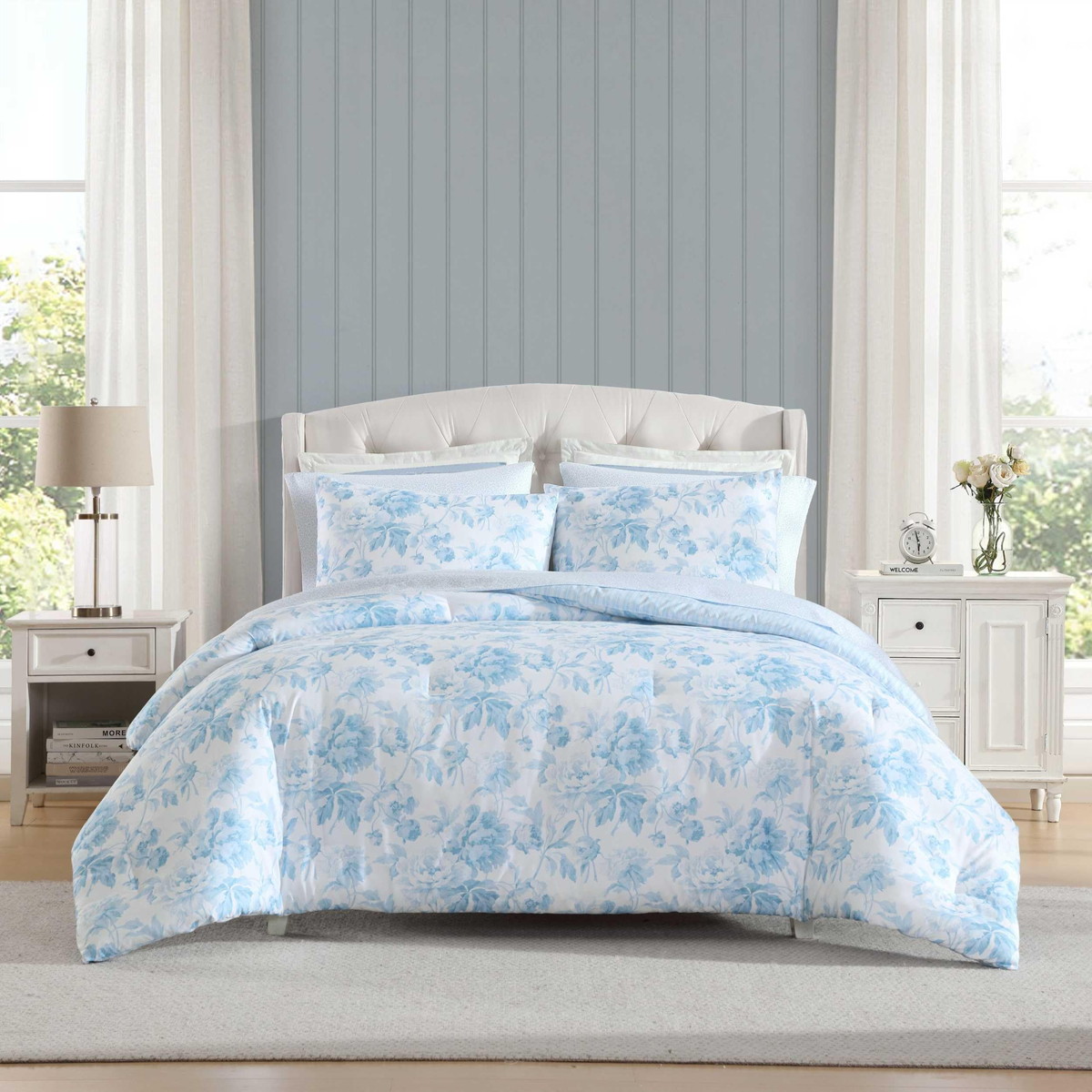 Laura Ashley シングルロングサイズ コンフォーターセット ブルー 花柄 布団カバー 枕カバー シーツ 寝具セット
