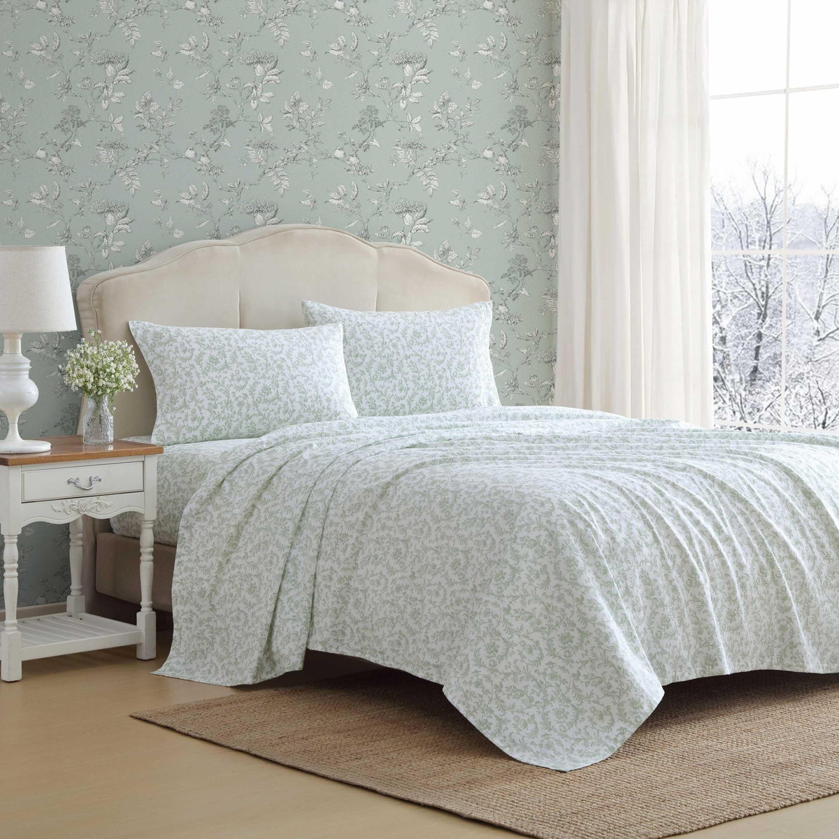 Laura Ashley フランネルシーツ クイーンサイズ 4点セット 花柄 ボタニカル柄 綿100% 布団カバー 枕カバー グリーン