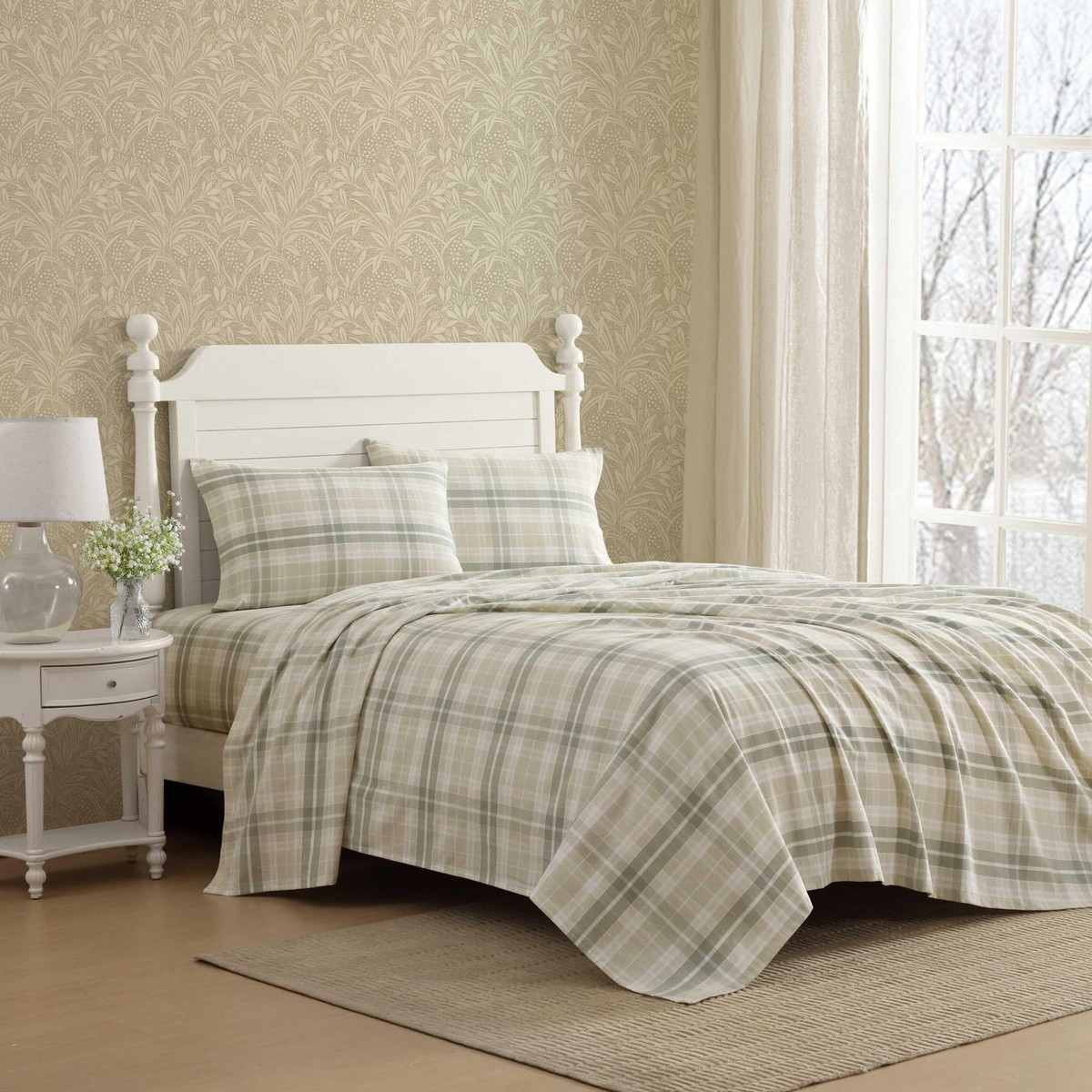 Laura Ashley セミダブルサイズ フランネルシーツセット コットン100% チェック柄 グリーン 寝具 ベッドリネン