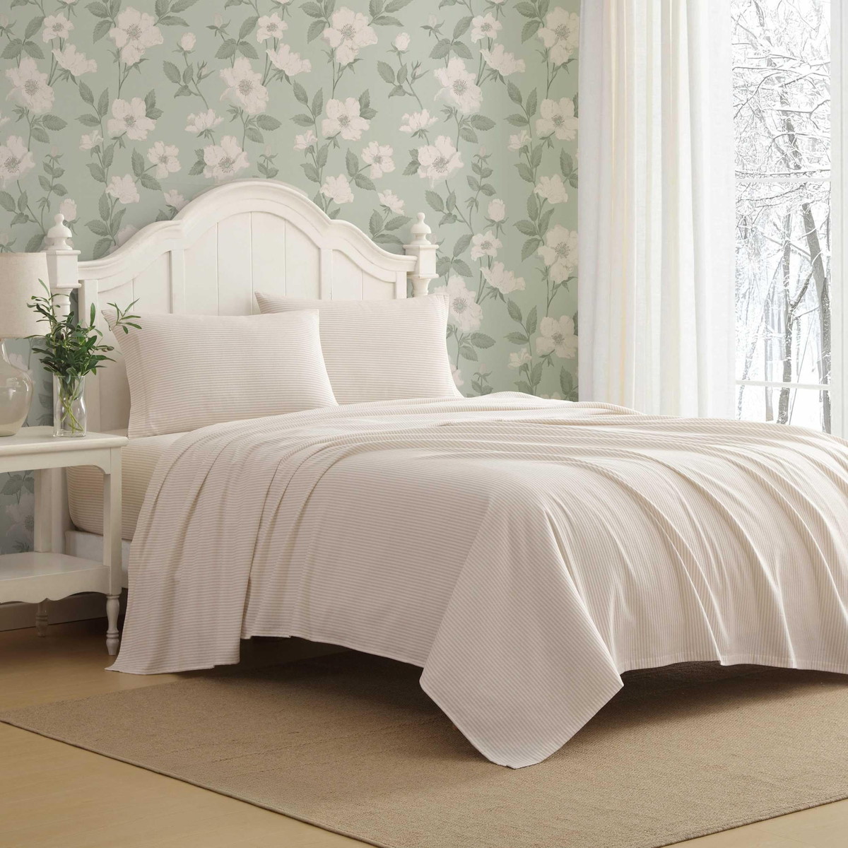 Laura Ashley クイーンサイズ フランネルシーツ オックスフォードストライプ ベージュ コットン 4点セット ベッドリネン
