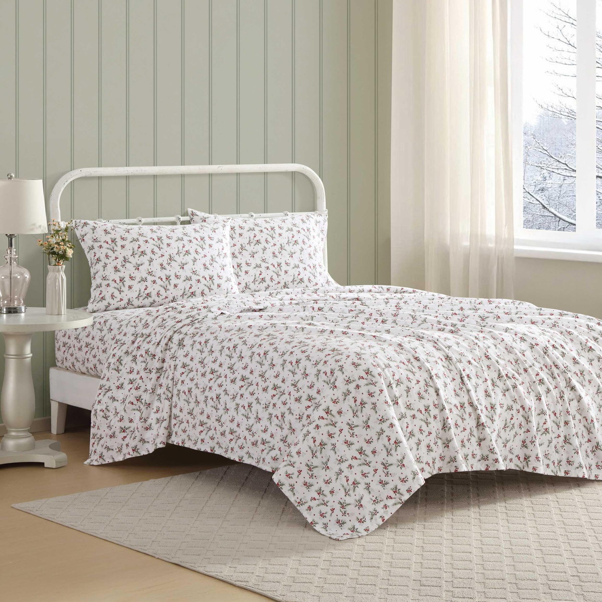 Laura Ashley キングサイズ フランネルシーツセット コットン100% 枕カバー付き ベリーレッド 花柄 おしゃれ 寝具