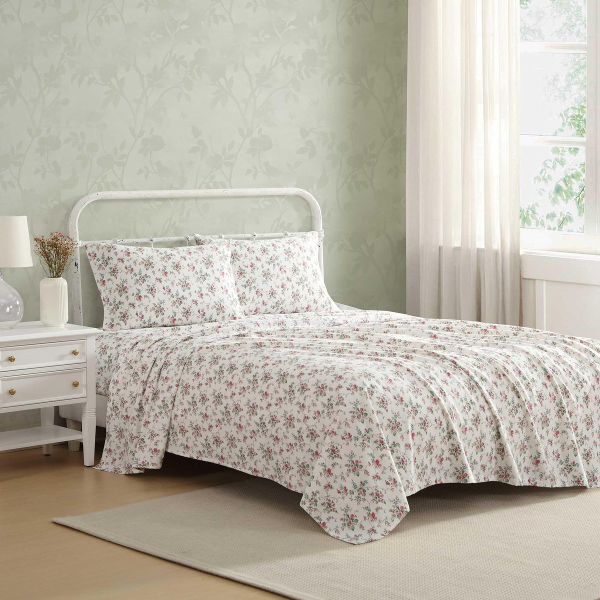 Laura Ashley キングサイズ フランネルシーツ Le Fleur Pink 花柄 綿100% 掛け布団カバー 枕カバー付き