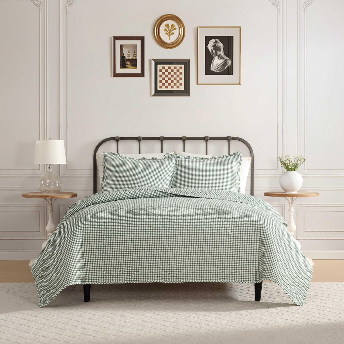 Laura Ashley セミダブル/クイーン兼用 キルトセット Gracies Gingham Green 寝具カバー 枕カバー付き