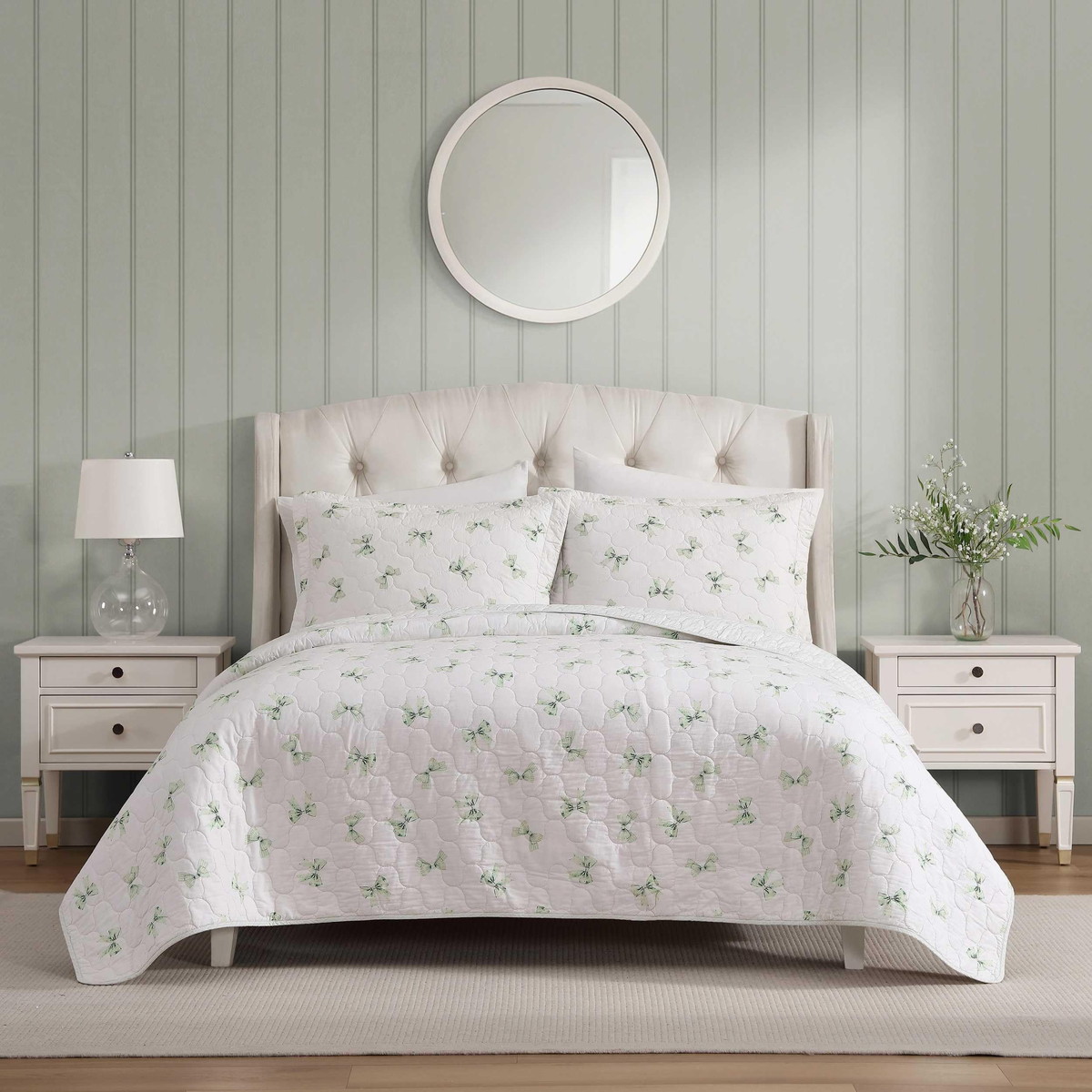 Laura Ashley クイーンサイズ キルトセット 3点セット ボウ柄 グリーン ベッドスプレッド カバーセット