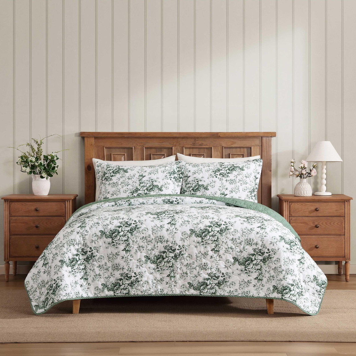 Laura Ashley キングサイズ キルトセット 3点セット トワルデライトグリーン 花柄 コットン ベッドカバー 寝具