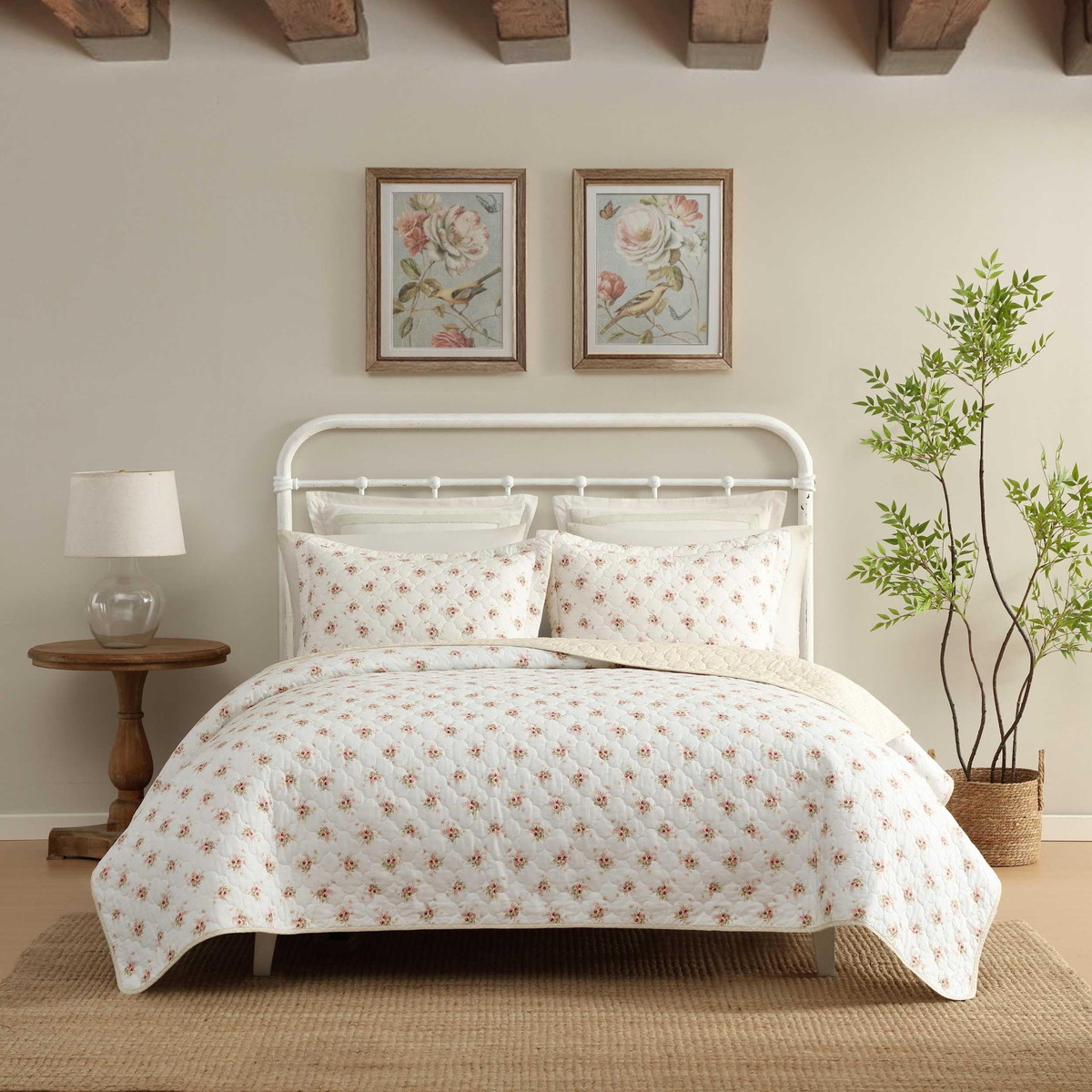 Laura Ashley クイーンサイズ キルトセット ドリーピンク 花柄 コットン 寝具セット 対応 3点セット
