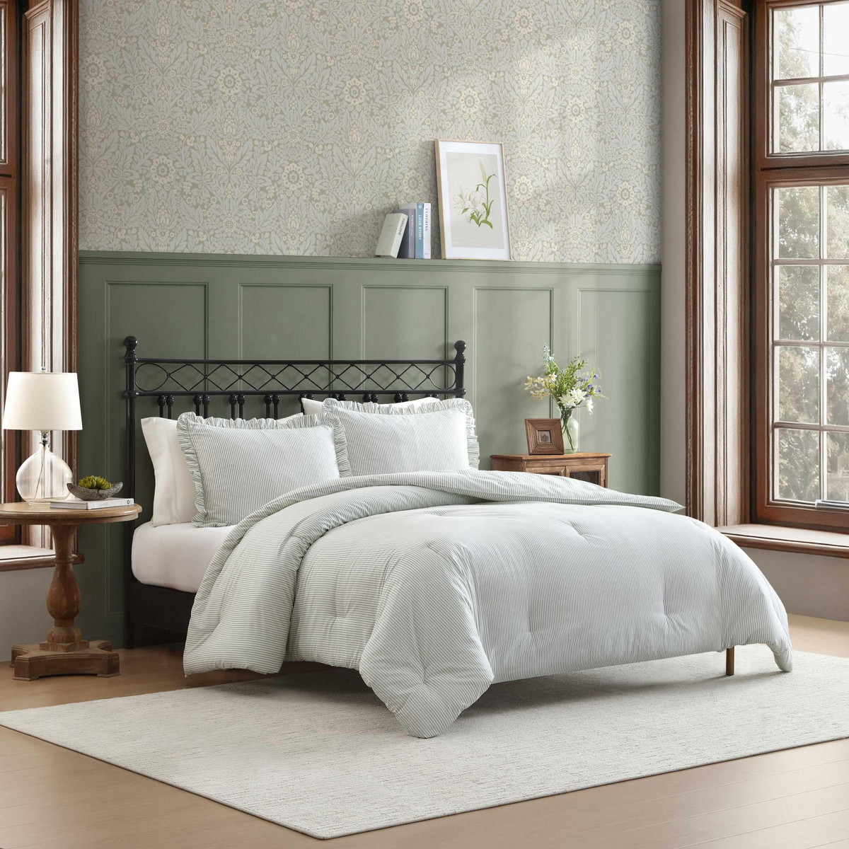 Laura Ashley シングルサイズ コンフォーターセット 2点セット ストライプ グリーン 掛け布団 枕カバー 寝具