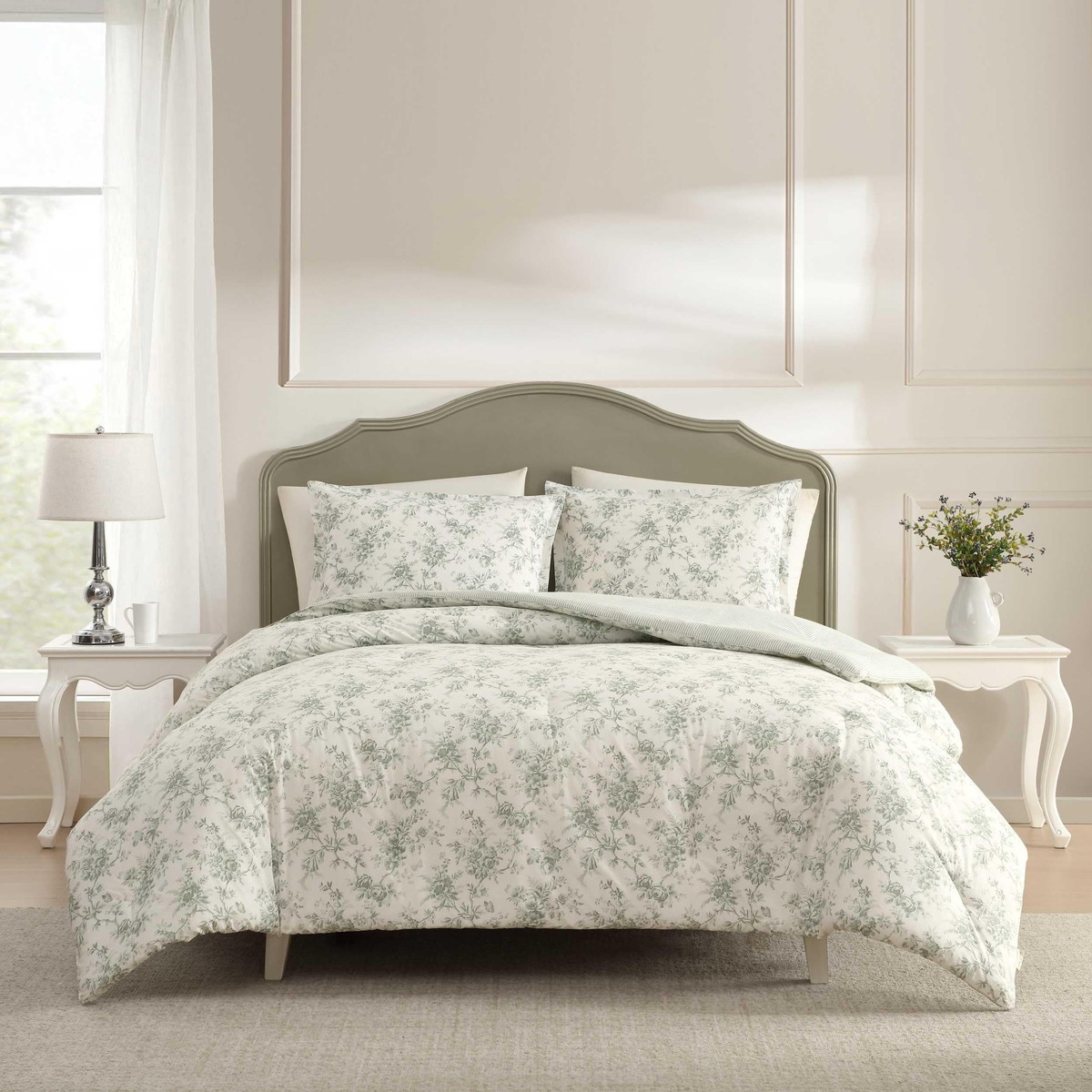 Laura Ashley キングサイズ コンフォーターセット 3点セット 花柄 グリーン リバーシブル 布団カバー 寝具 26,000円