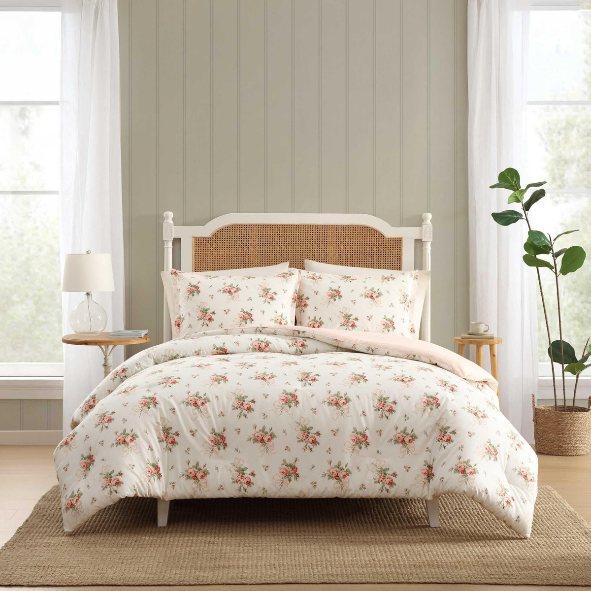 Laura Ashley シングルサイズ コンフォーターセット リボンブーケ レッド 花柄 布団カバー 寝具 2点セット