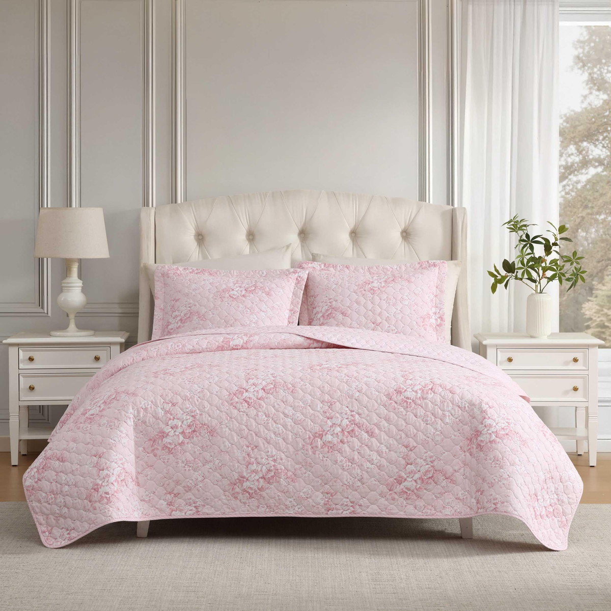 Laura Ashley クイーンサイズ キルトセット ベッドカバー 3点セット 花柄 ピンク リバーシブル 綿100%