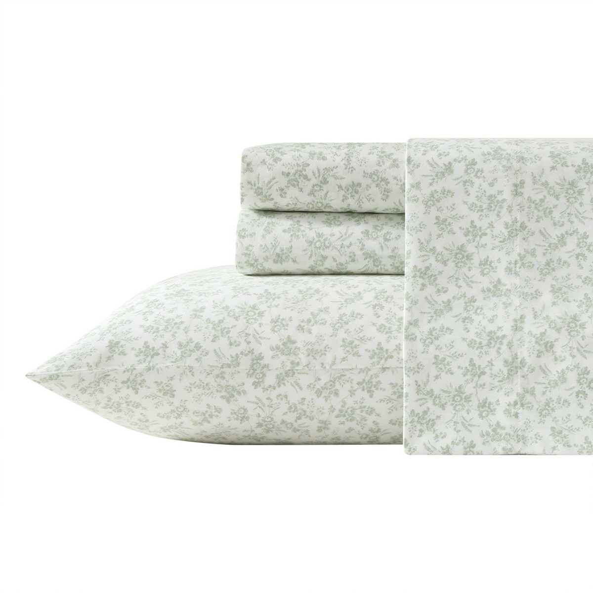 Laura Ashley キングサイズ ベッドシーツセット コットンサテン フラワートワル柄 セージグリーン 寝具