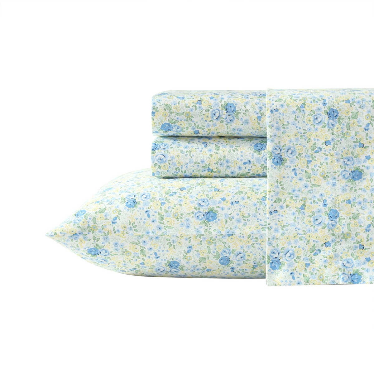 Laura Ashley クイーンサイズ ベッドシーツセット コットンサテン 花柄 ブルー系 4点セット