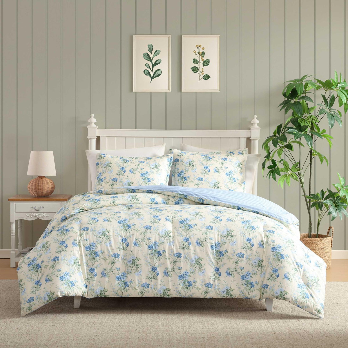 Laura Ashley キングサイズ コンフォーターセット 3点セット 花柄 ブルー イエロー リバーシブル 綿100% 掛け布団 枕カバー