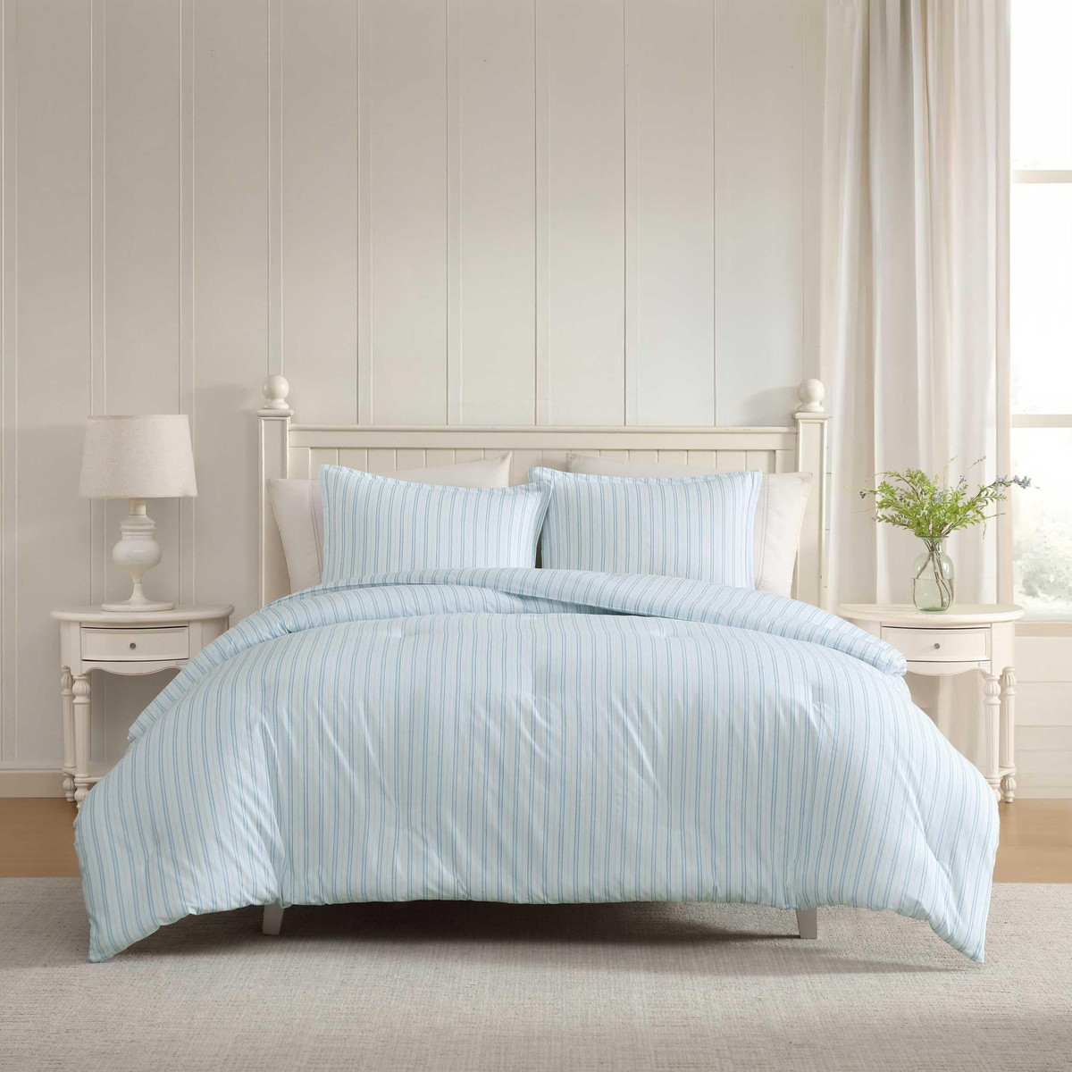 Laura Ashley キングサイズ コンフォーターセット Dilly Dally Stripe Blue ストライプ柄 綿100% 3点セット
