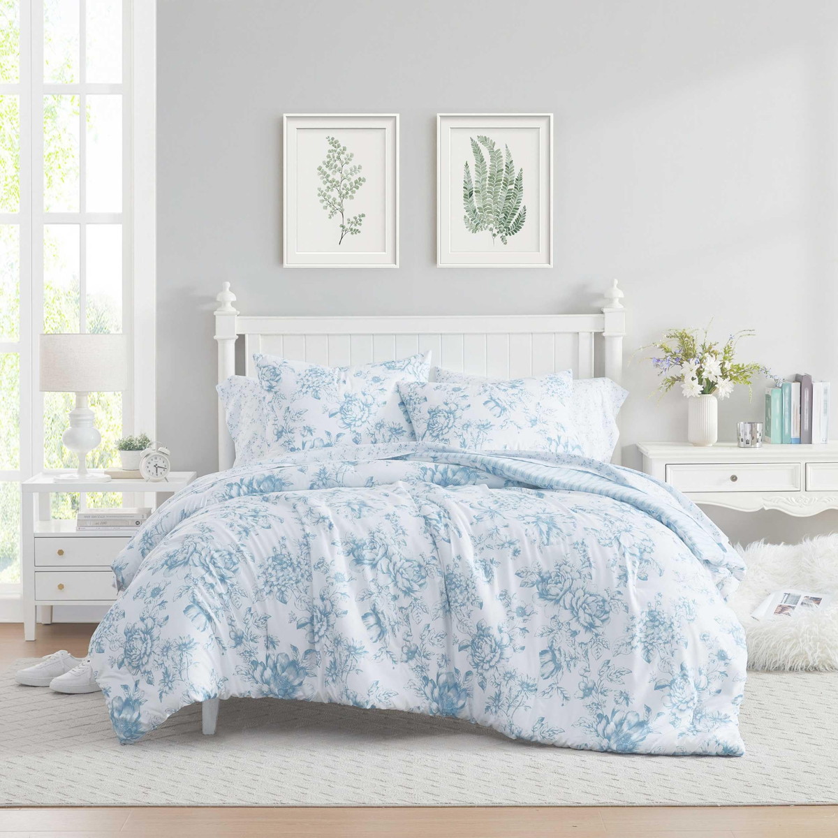 Laura Ashley シングルサイズ 寝具セット 5点セット ブルー 花柄 コンフォーター シーツ 枕カバー おしゃれ 洗える