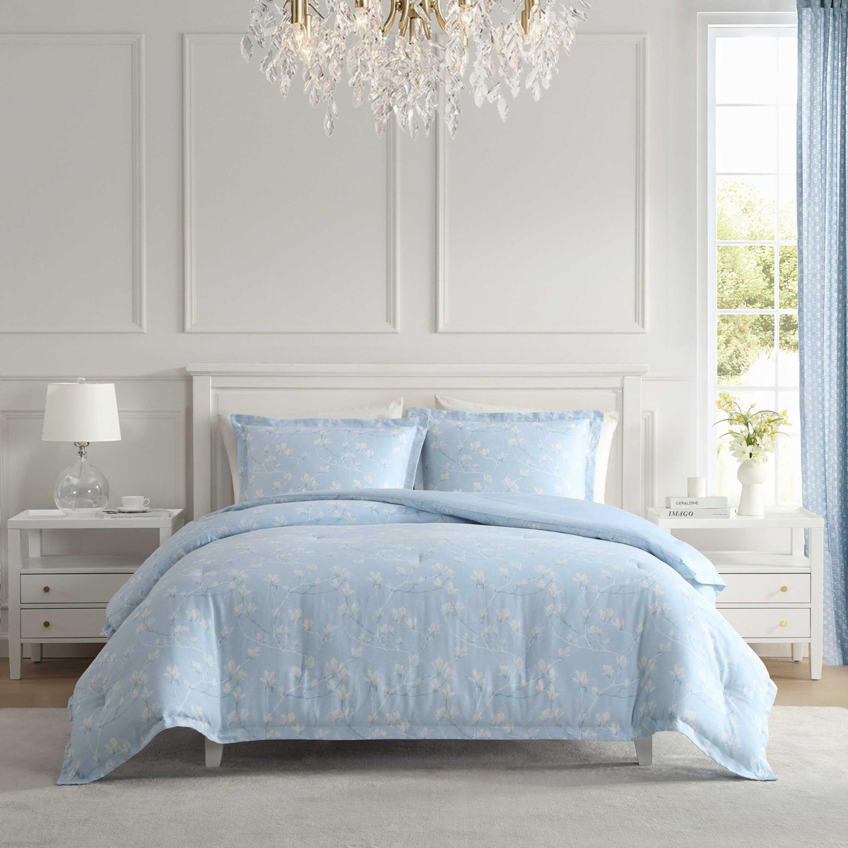 Laura Ashley クイーンサイズ コンフォーターセット マグノリア柄 ブルー リバーシブル 布団カバー 寝具