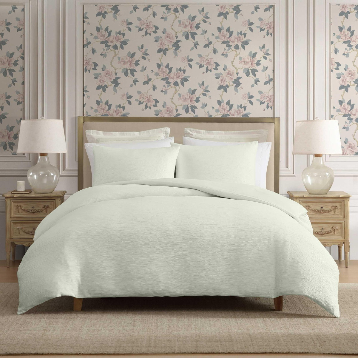 Laura Ashley キングサイズ デュベカバーセット クリンクル加工 グリーン 無地 寝具カバー3点セット