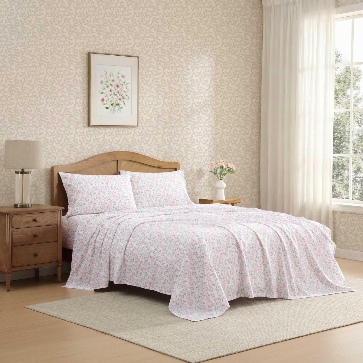 Laura Ashley キングサイズ シーツセット 綿100% 花柄 ピンク 寝具 カバーセット 枕カバー付き