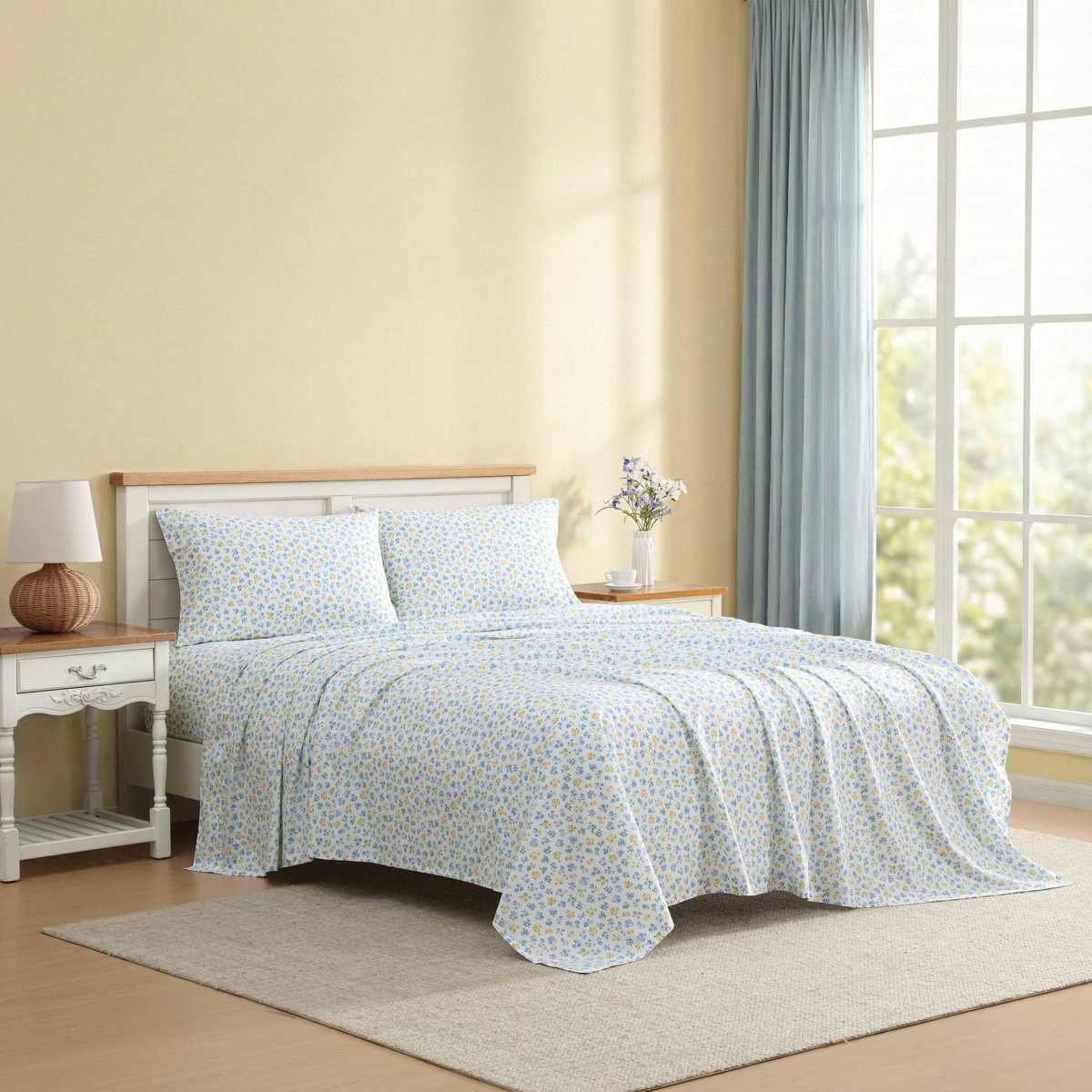 Laura Ashley キングサイズ ベッドシーツセット Ditsy Doodle Blue 花柄 綿100% 掛け布団カバー 枕カバー