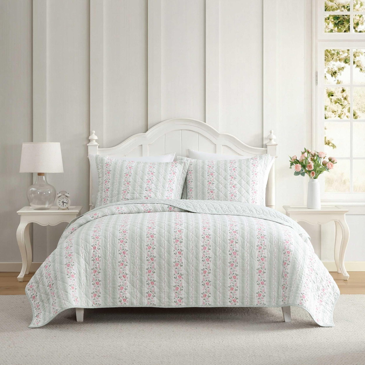 Laura Ashley クイーンサイズ キルトセット 3点セット 花柄 ローズ ピンク グリーン 洗える 綿100% 寝具