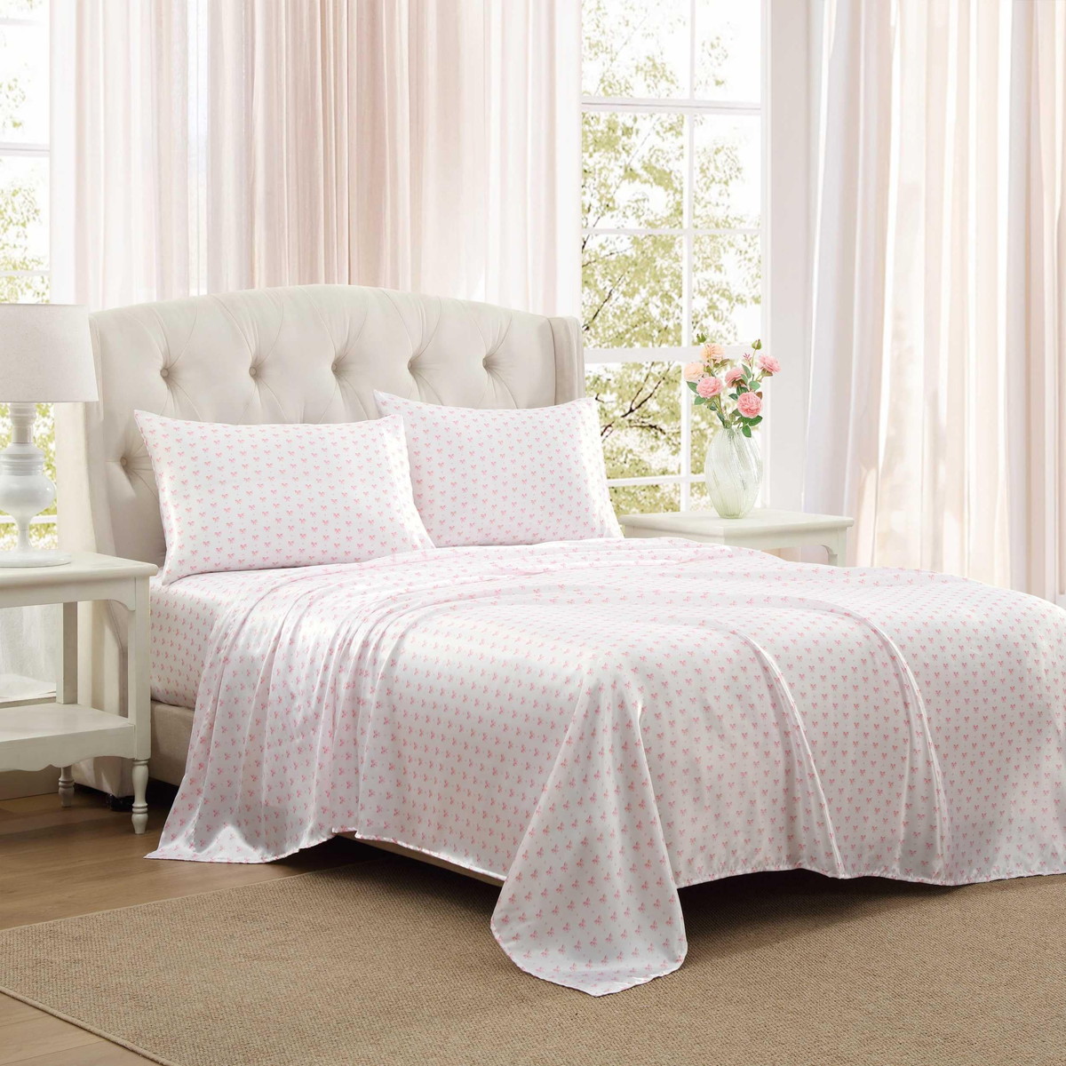 Laura Ashley クイーンサイズ ベッドシーツセット 4点セット ピンク ハート柄 サテン生地 寝具