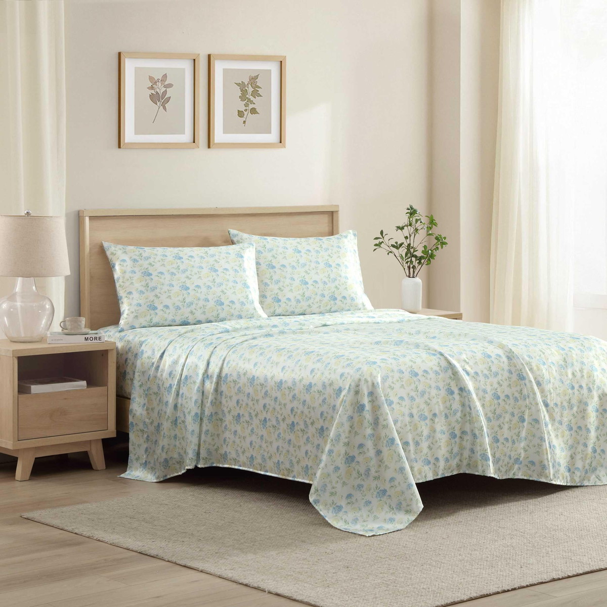 Laura Ashley ベッドシーツセット キングサイズ 4点セット Edwina Blue 花柄 サテン素材 寝具