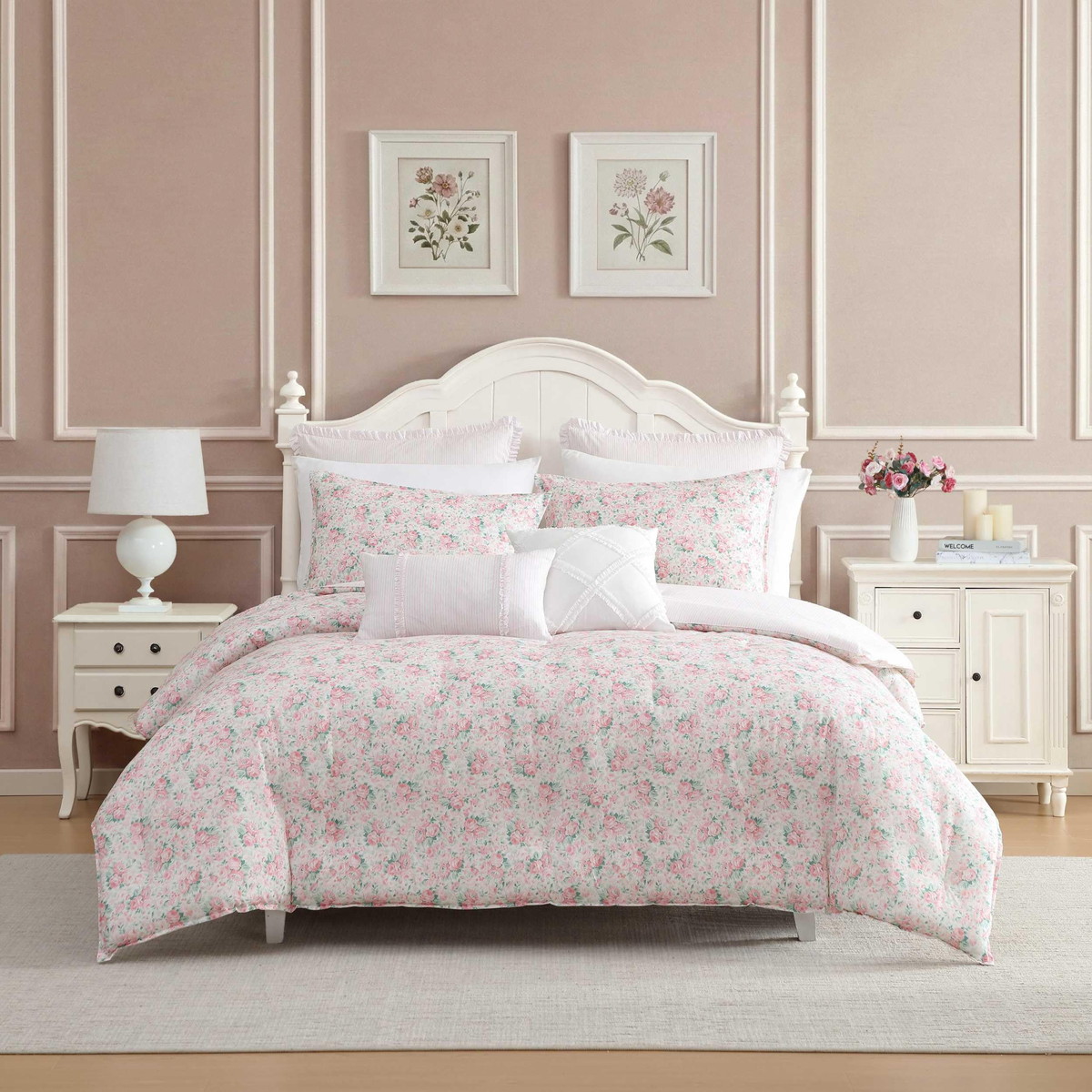 Laura Ashley キングサイズ コンフォーターセット 7点セット 花柄 ピンク リバーシブル 布団カバー 寝具