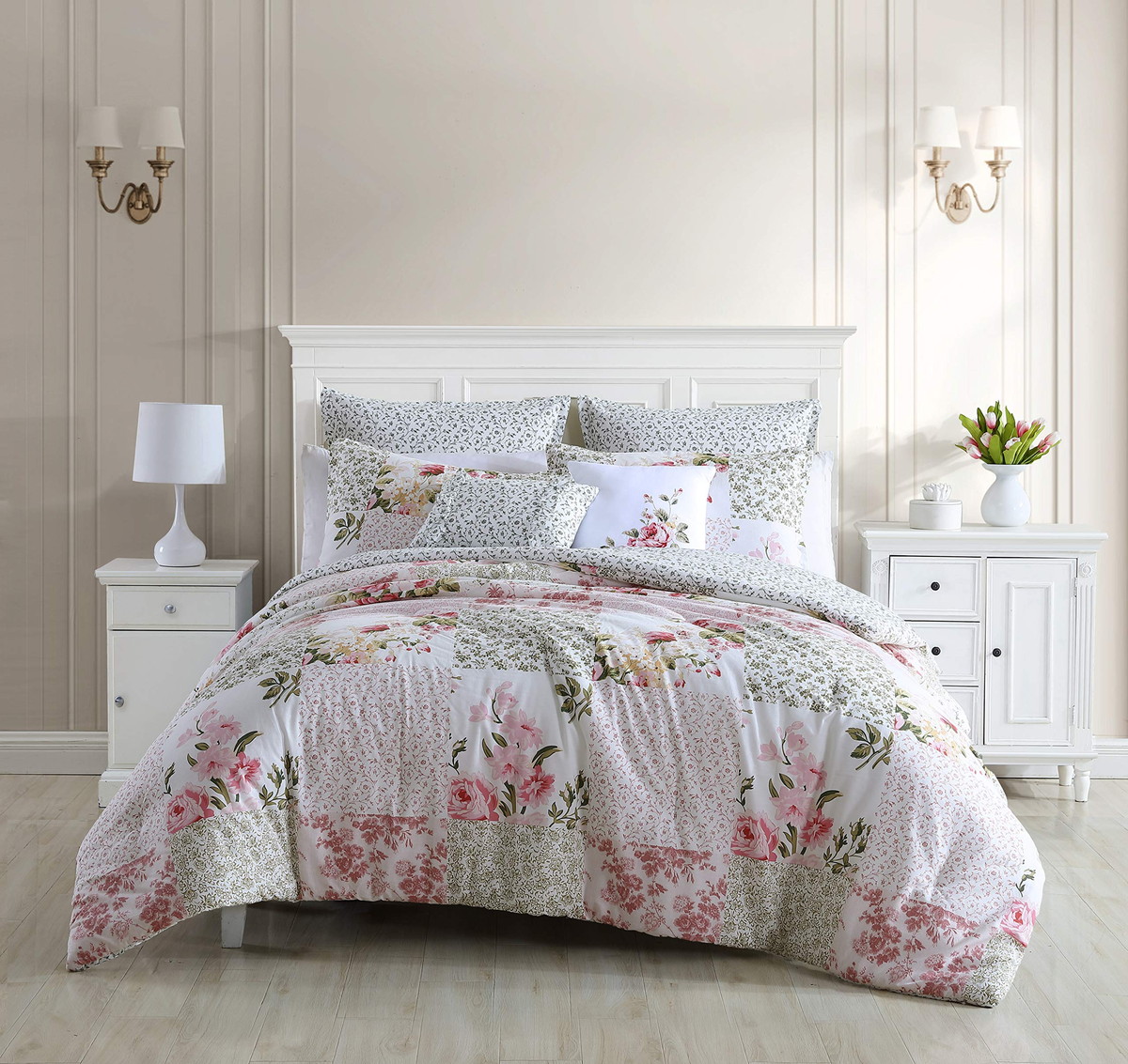 Laura Ashley シングルサイズ コンフォーターセット Ailyn ピンク 花柄 綿100％ 寝具セット クッション付き