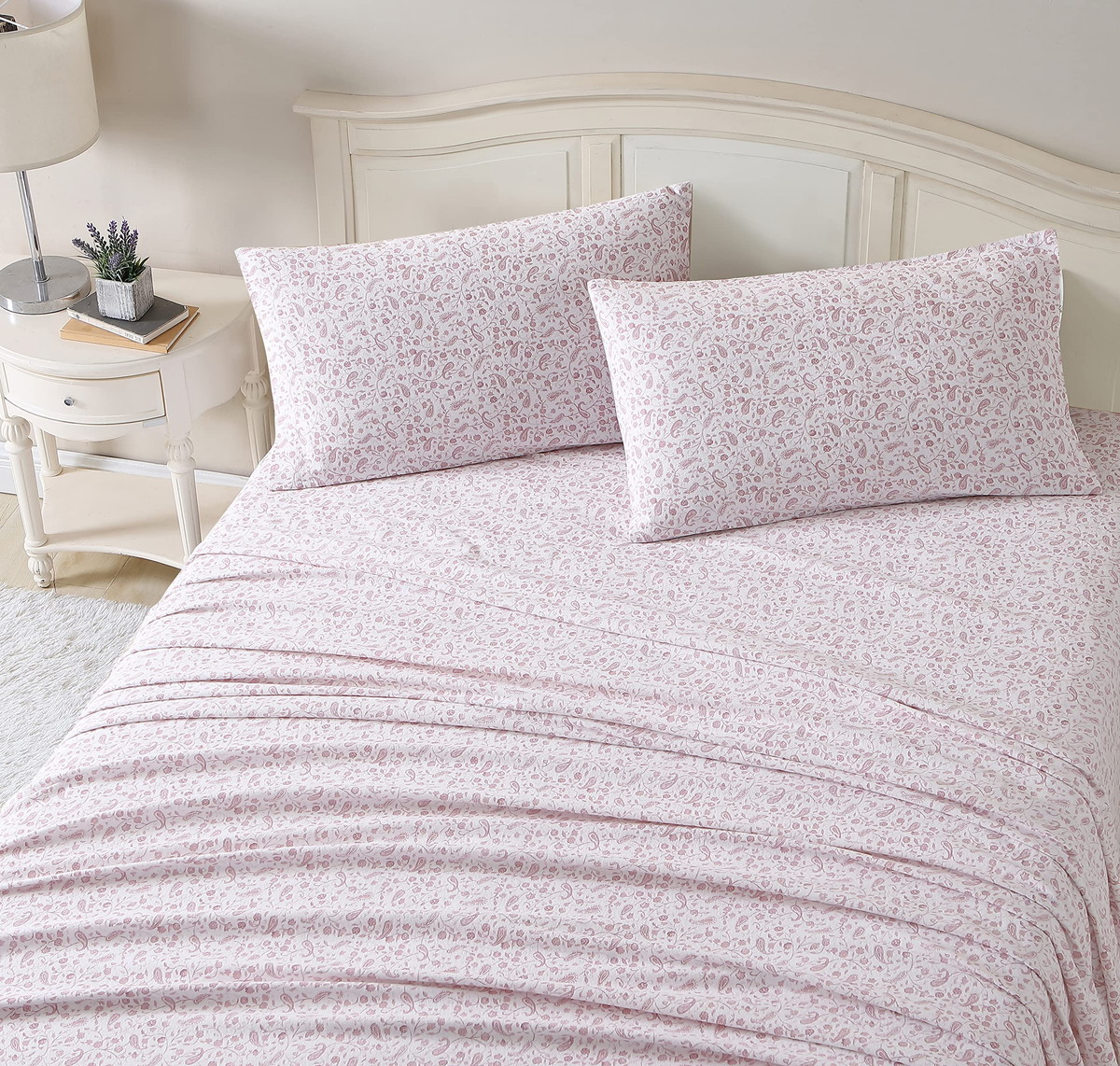 Laura Ashley キングサイズ フランネルシーツ ペイズリー柄 ピンク 4点セット 敷布団カバー ピローケース