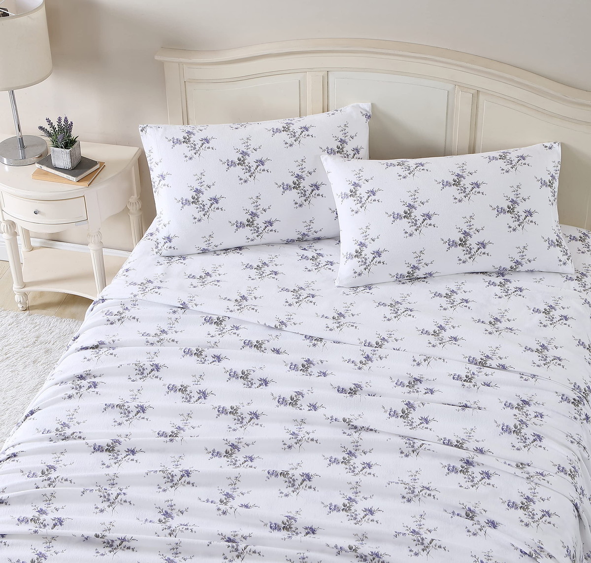 Laura Ashley キングサイズ フランネル ベッドシーツセット コットン 花柄 ジェシカ ラベンダー