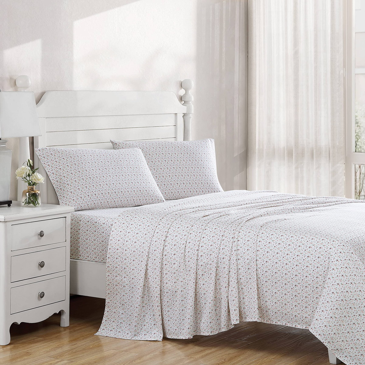 Laura Ashley ベッドシーツセット クイーンサイズ コットンサテン 花柄 Evie Pink