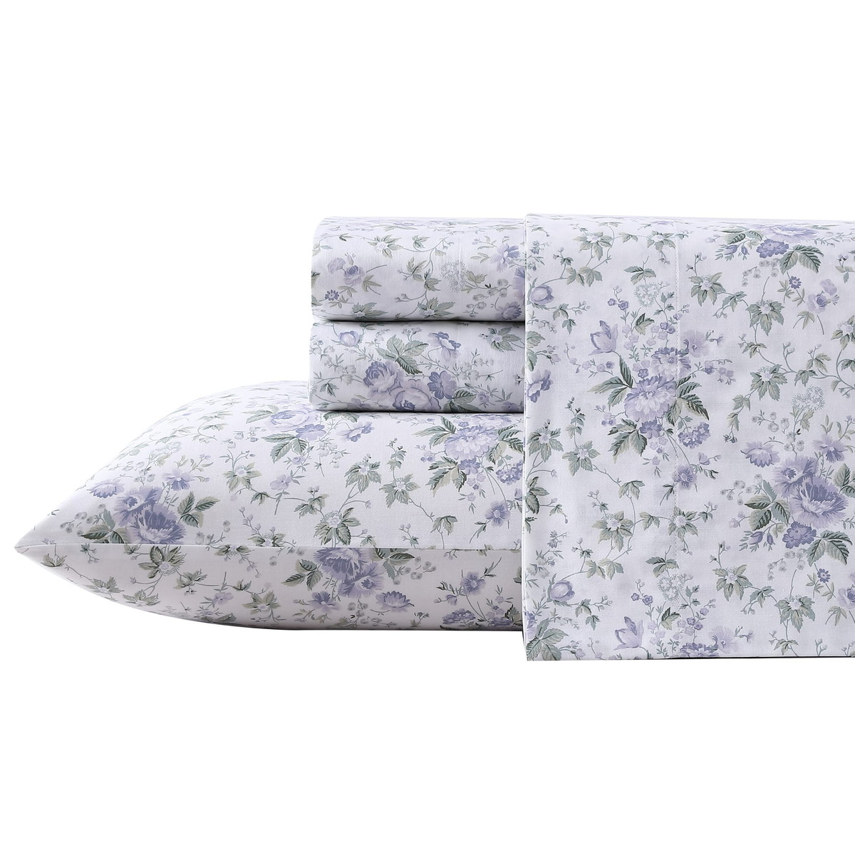 Laura Ashley クイーンサイズ ベッドシーツセット コットンサテン 花柄 パープル 寝具カバー ボックスシーツ 枕カバー
