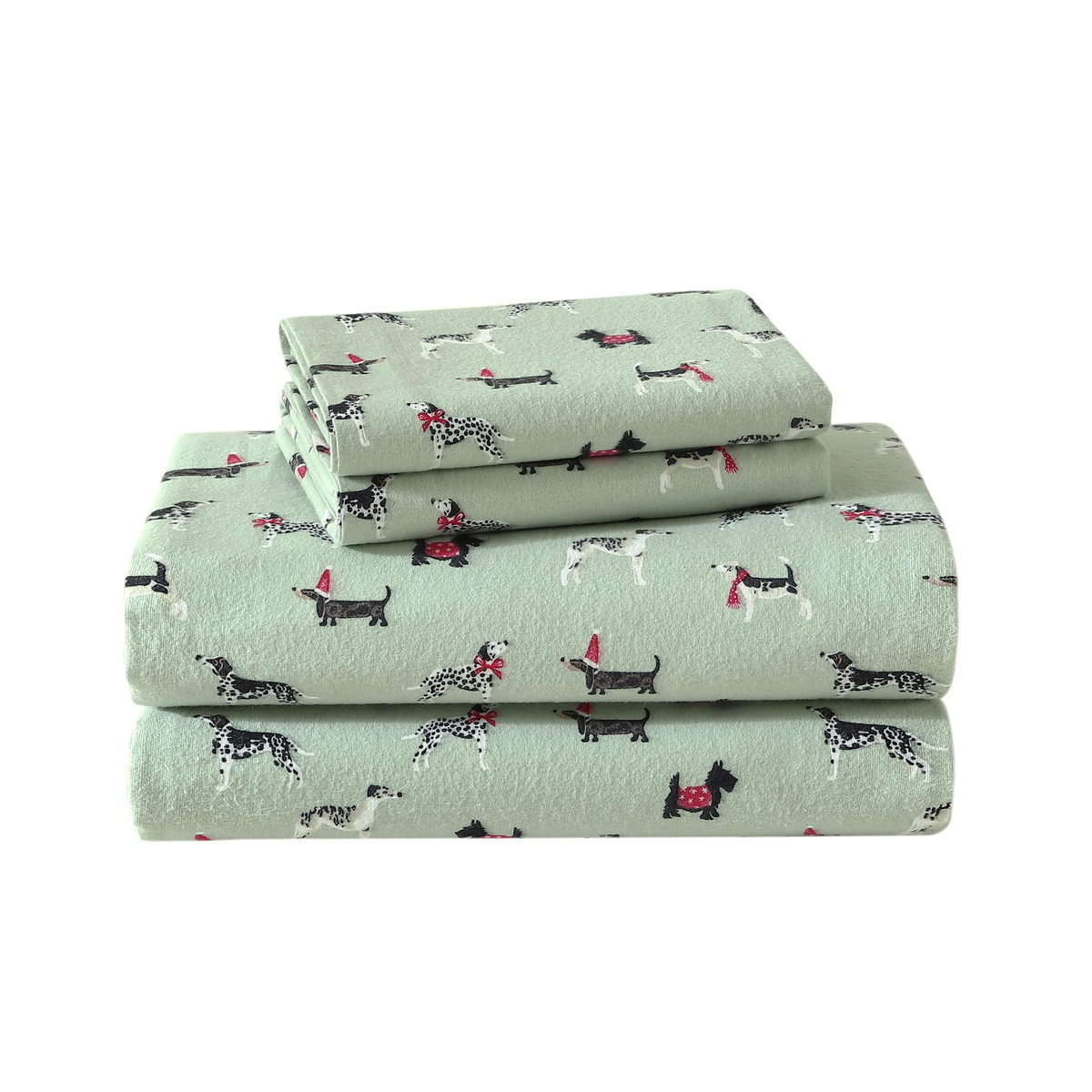 Laura Ashley キングサイズ フランネルシーツ 4点セット 犬柄 グリーン コットン 洗える 敷き布団カバー ボックスシーツ