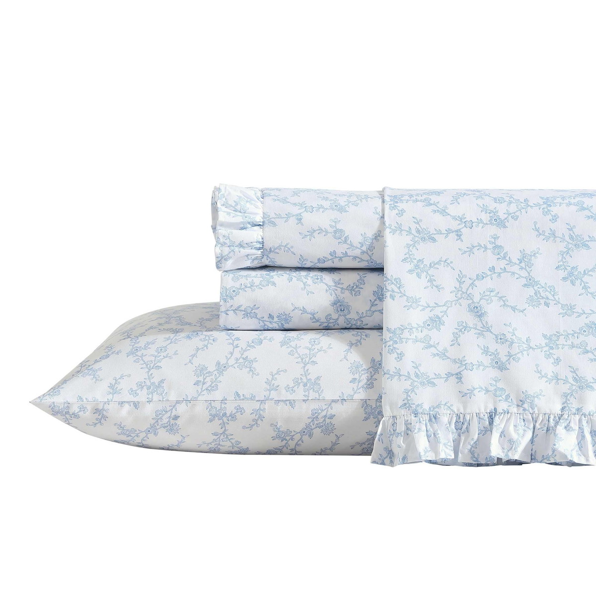 Laura Ashley キングサイズ ベッドシーツセット 綿100% 花柄 フリル付き ブルー
