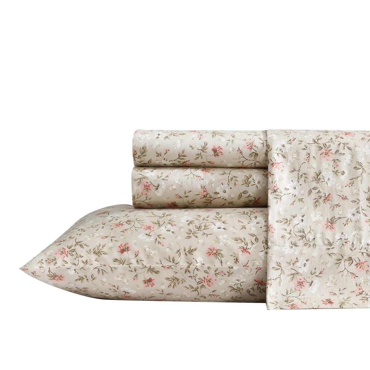 Laura Ashley クイーンサイズ シーツセット コットンサテン ボタニカル花柄 Bonnie Beige ベッドリネン