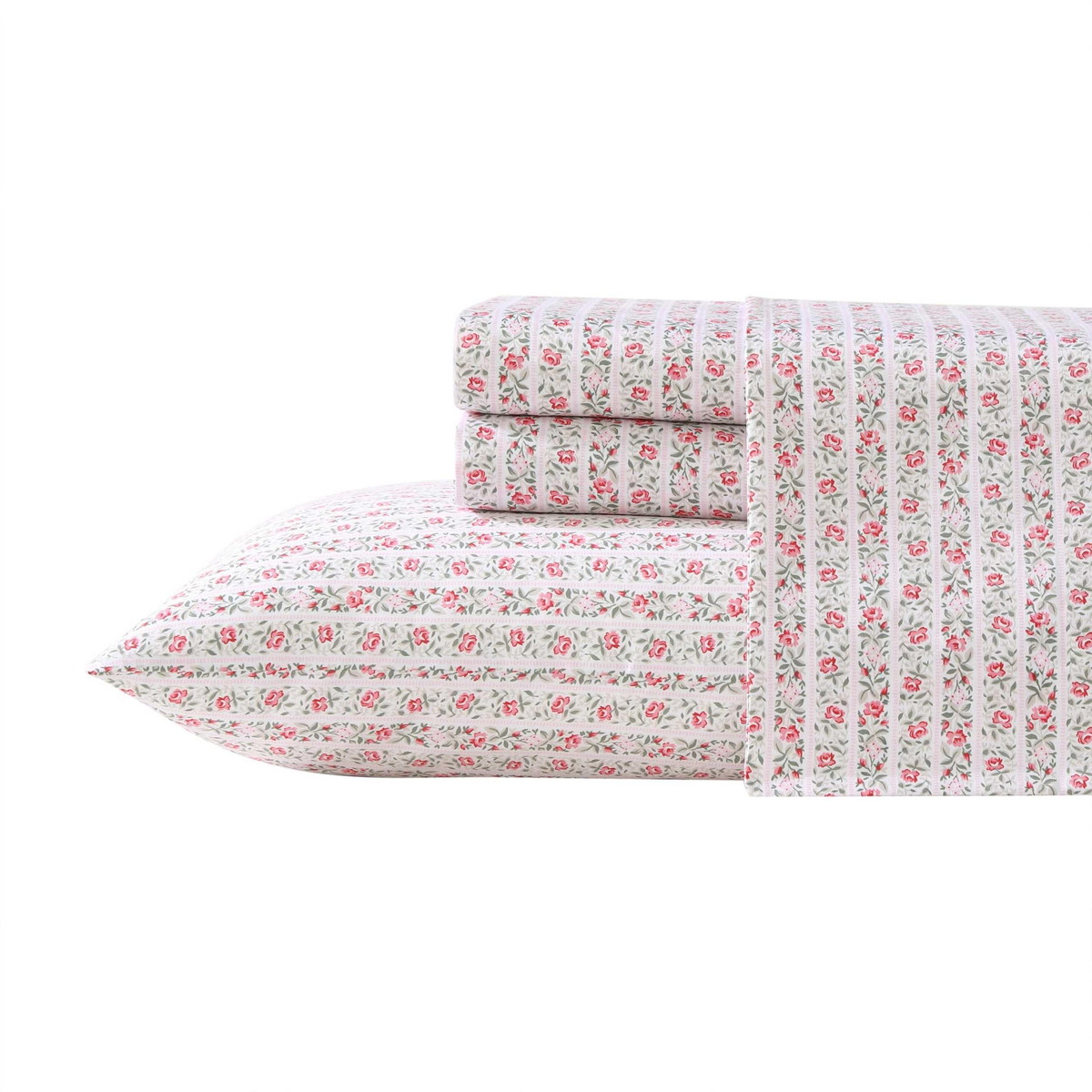 Laura Ashley クイーンサイズ ベッドシーツセット Marta Stripe Pink コットン サテン 枕カバー付き