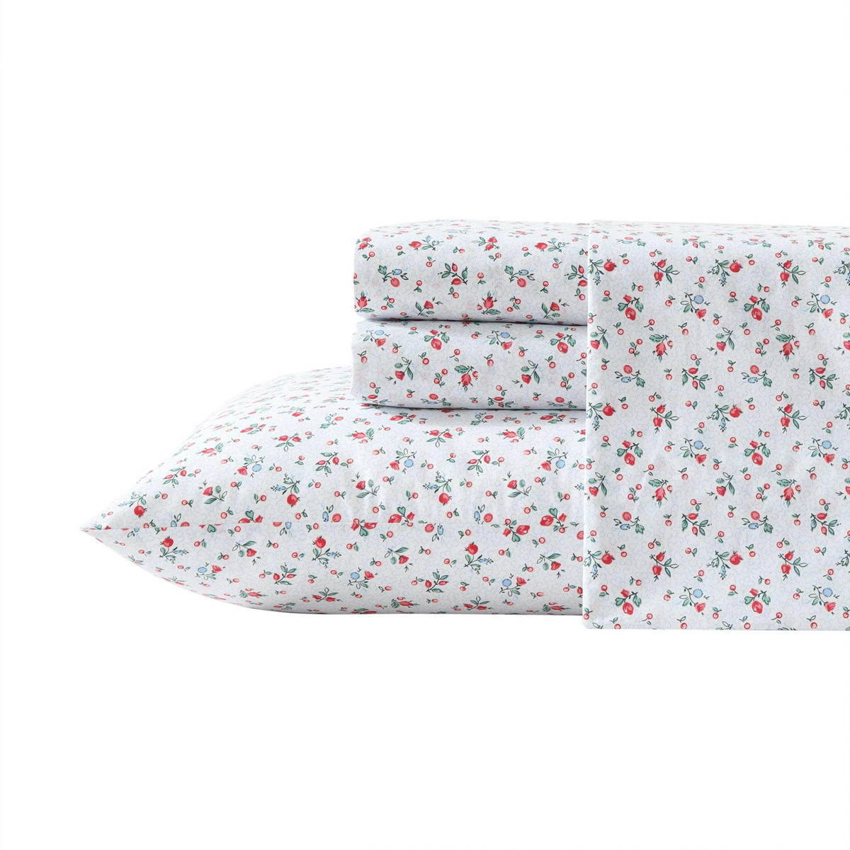 Laura Ashley クイーンサイズ ベッドシーツセット 花柄 コットンパーケール Aylesmore Ditsy Red